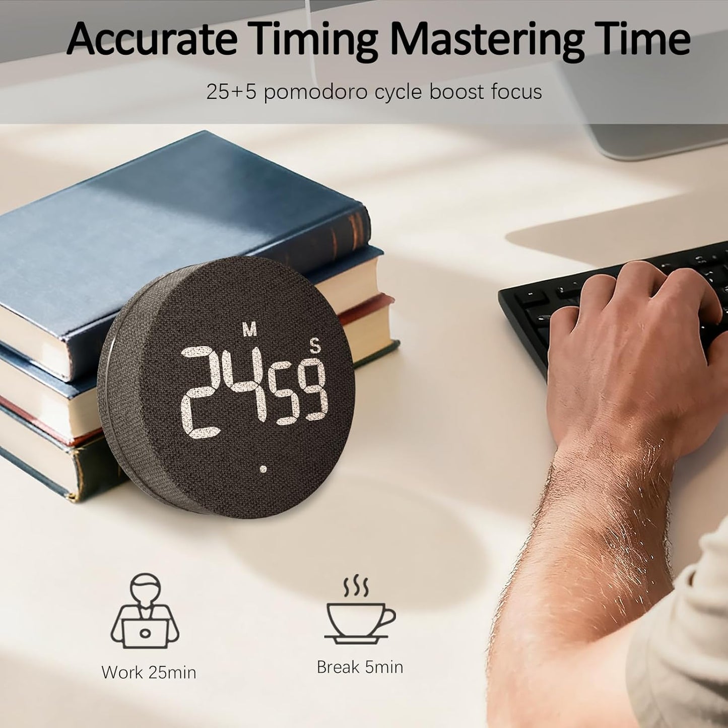 AVINIA Desk Timer for Productivity Magnetic Digital Kitchen Timer Rechargeable Fabric Mesh Cover 99 Mins Countdown/Count Up Stylish Efficana Konah Home Timmer for Cooking-Black