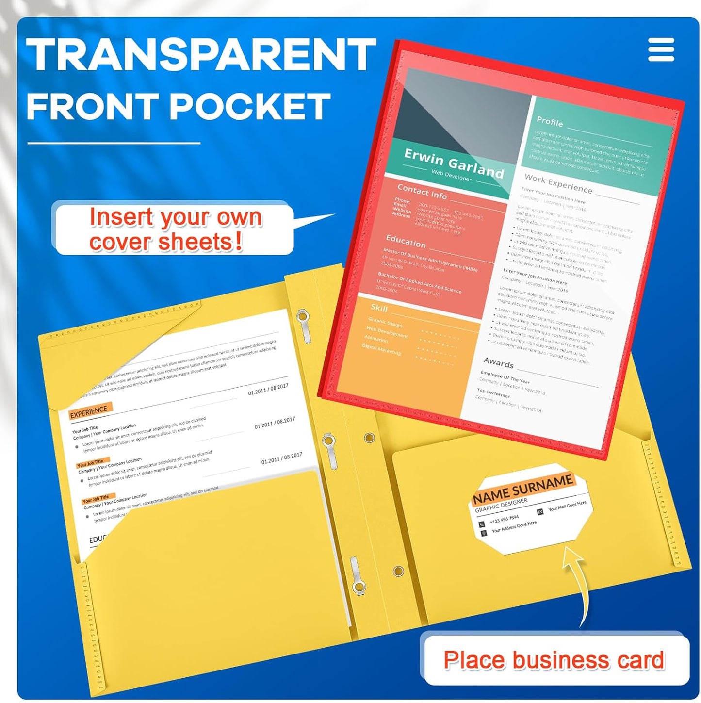 Henoyso 18 Pcs Plastic Folder with Clear Front Pocket and 3 Prong Plastic Folders with Card Slot Pocket Folders with Prongs for School Office (Colorful)