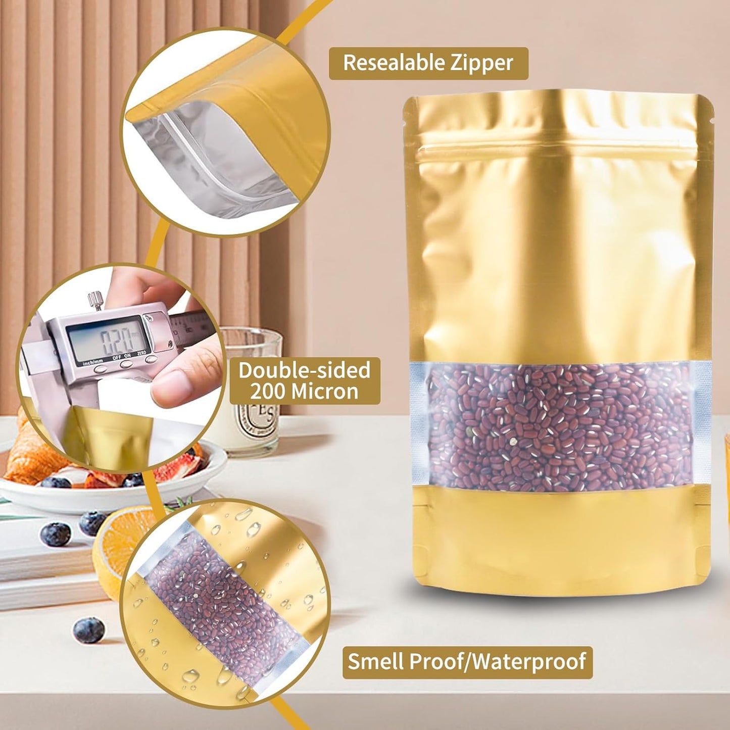 100 Pack Smell Proof Bags, Resealable Gold Mylar Bags with Matte Window, Foil Pouch Stand Up Sealable Bags for Packaging, 3.93 × 5.9 Inch