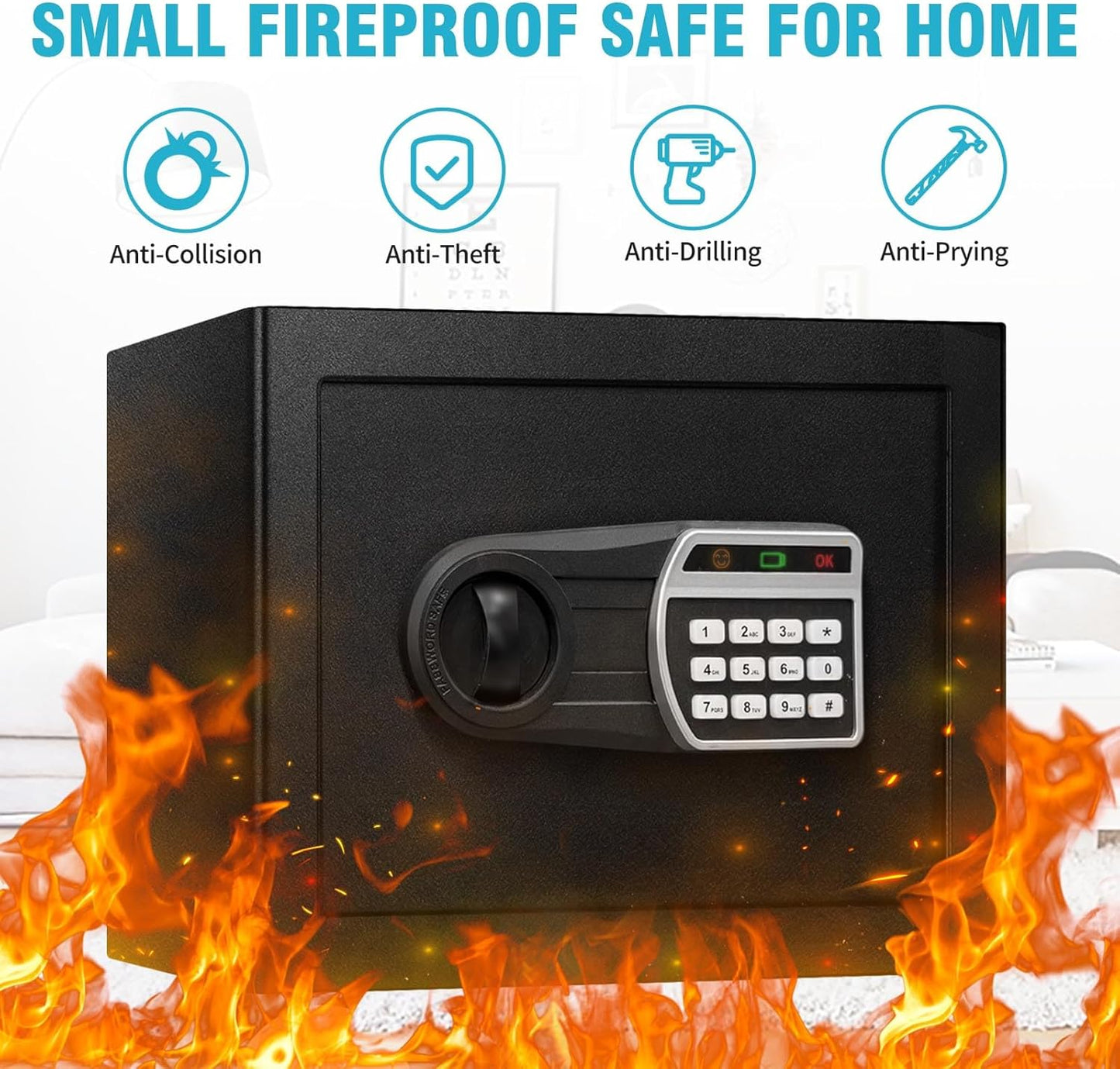 1.6 Cuft Safe Box, Home Safes with Fireproof Waterproof Bag, Anti-Theft Safety Box with Digital Keypad, Smart Alert System, Spare Keys, Removable Shelf, LED Light, Personal Document Safe