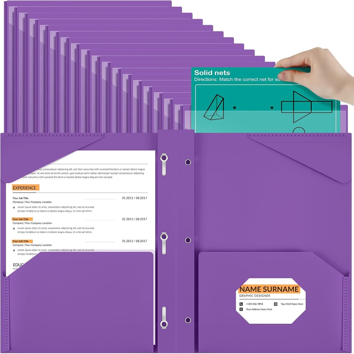 Henoyso 72 Pcs Plastic Folder with Clear Front Pocket and 3 Prong Plastic Folders with Card Slot Pocket Folders with Prongs for School Office (Purple)