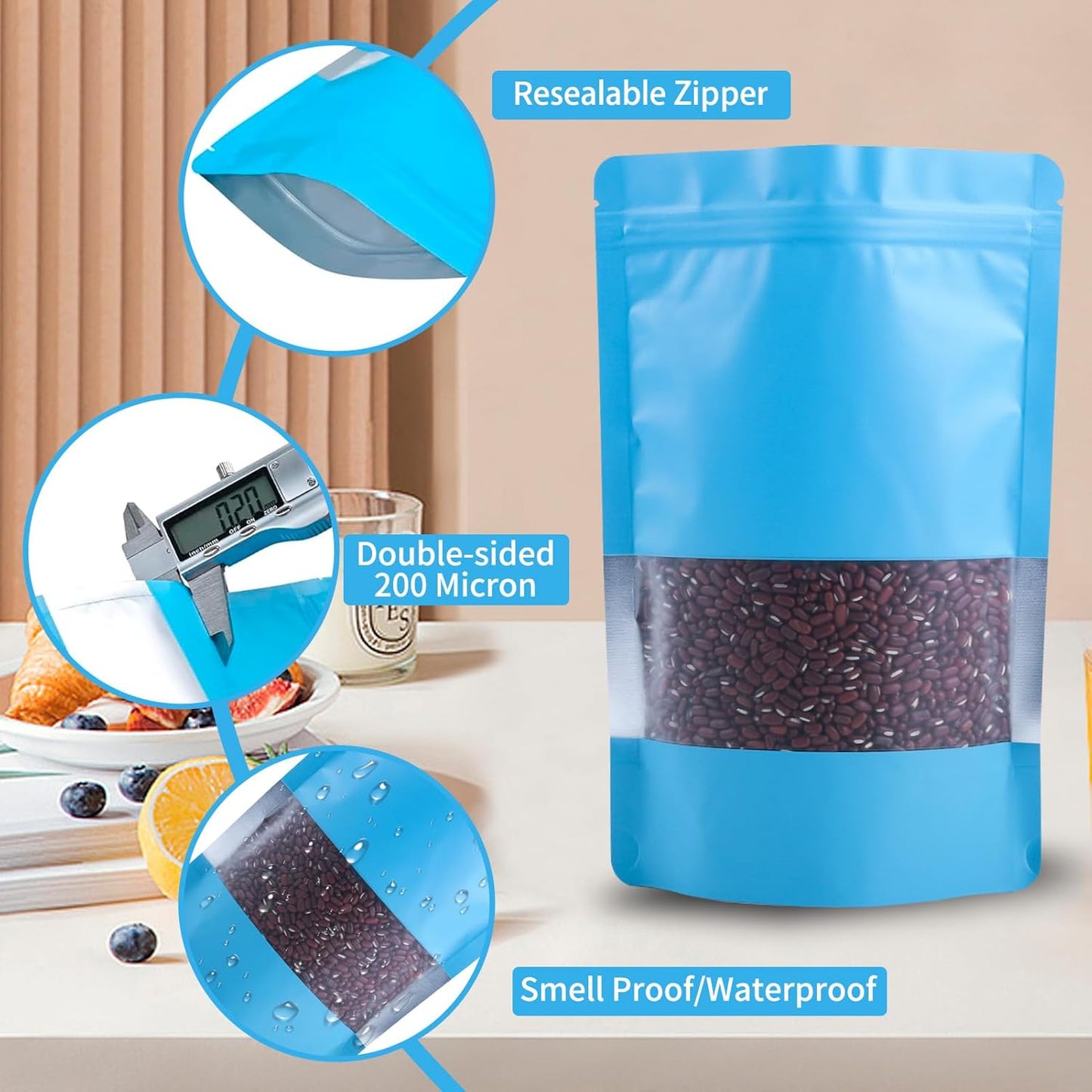 100 Pack Smell Proof Bags, Resealable Blue Mylar Bags with Matte Window, Foil Pouch Stand Up Sealable Bags for Packaging, 6.29 × 9.44 Inch