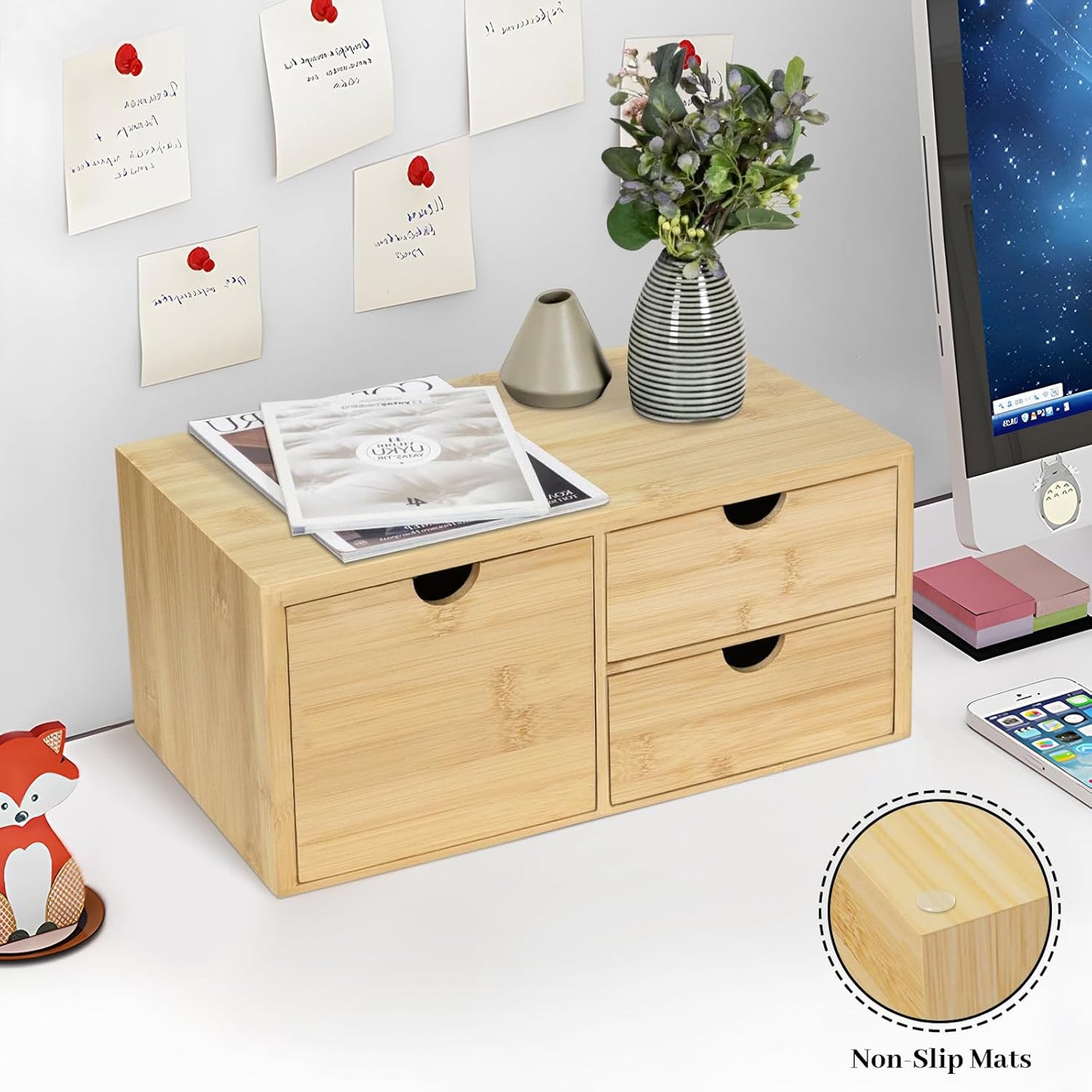 Bamboo Desk Organizer, Desktop Organizer with 3 Drawer, Tabletop Storage Organization Box for Bills, Countertop, Home Office Supplies