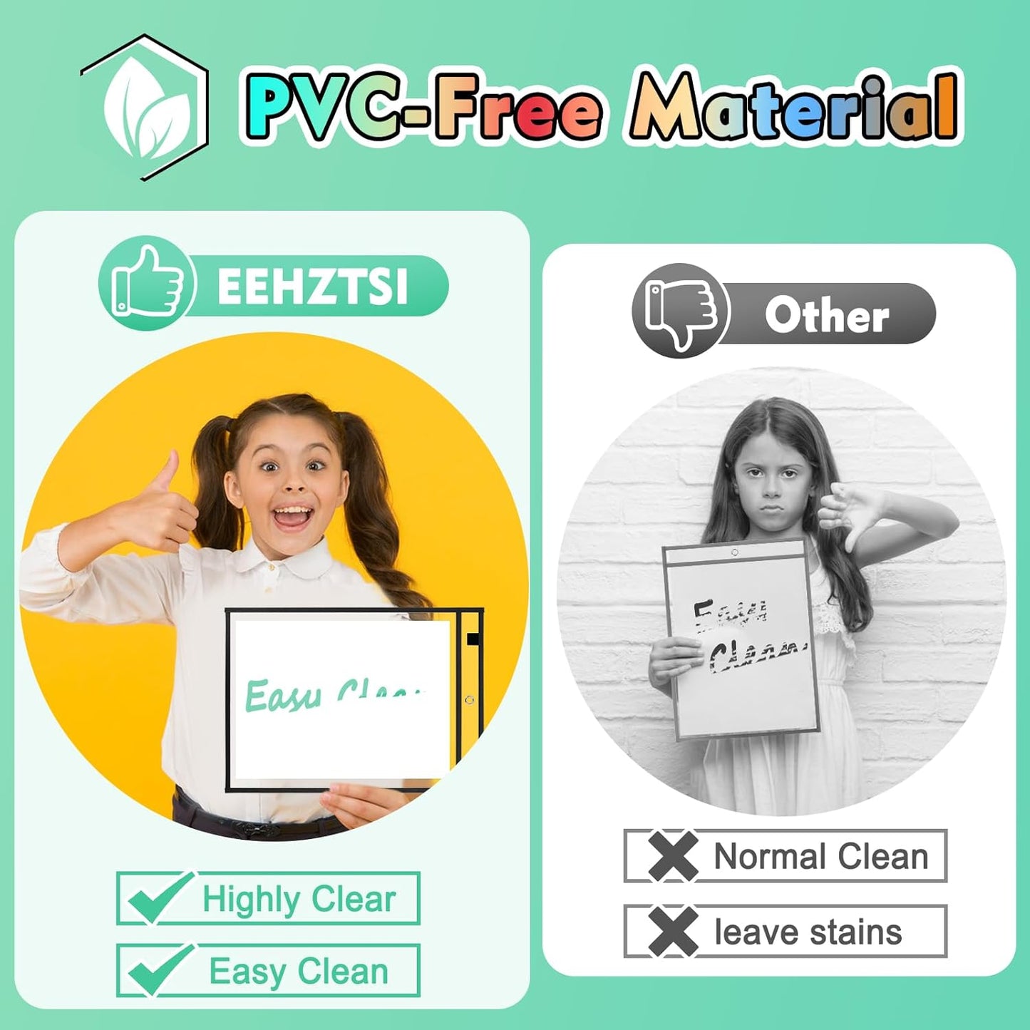 50 Packs Dry Erase Pocket Sleeves, Reusable Clear Plastic Classroom Sleeves, 10x14 Inch Ticket Holders, Plastic Sleeves for School/Office Organization Black