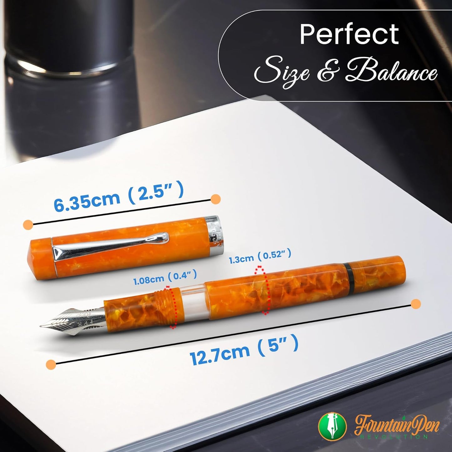 Jaipur V2 Piston Filled Refillable Fountain Pen - Orange Ultra Flex Cursive Pen w/Stainless Steel Nib - Luxury Pens w/Acrylic Body & Ebonite Feed - Fountain Pens for Journaling & Calligraphy