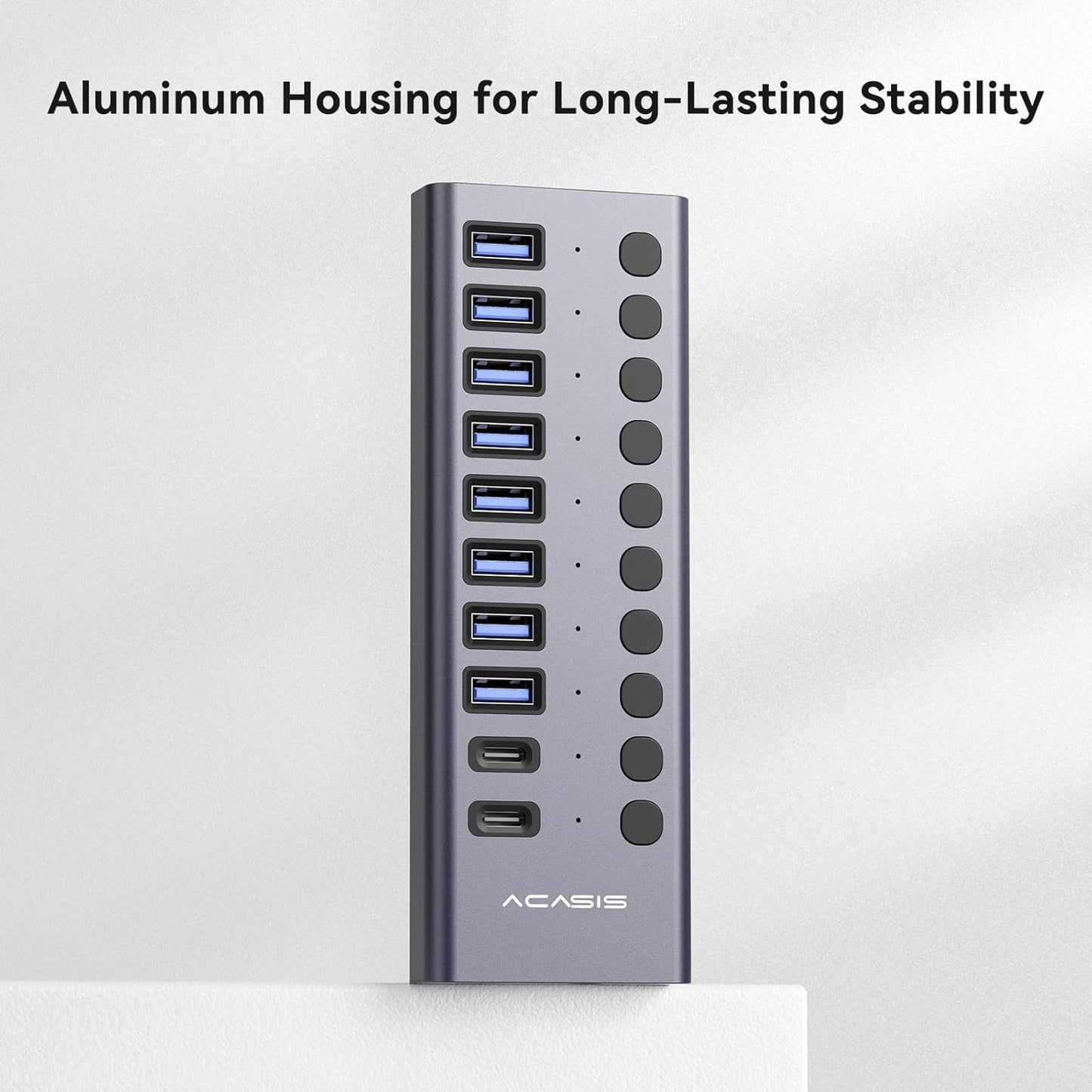 ACASIS 10 Ports 60W USB C 3.2 Hub, 10Gpbs Data Transfer, 20V/3A Power Adapter, Individual On/Off Switches, Aluminum Housing, USB Splitter for PC, Computer, Laptop, Mobile HDD, Flash Drive