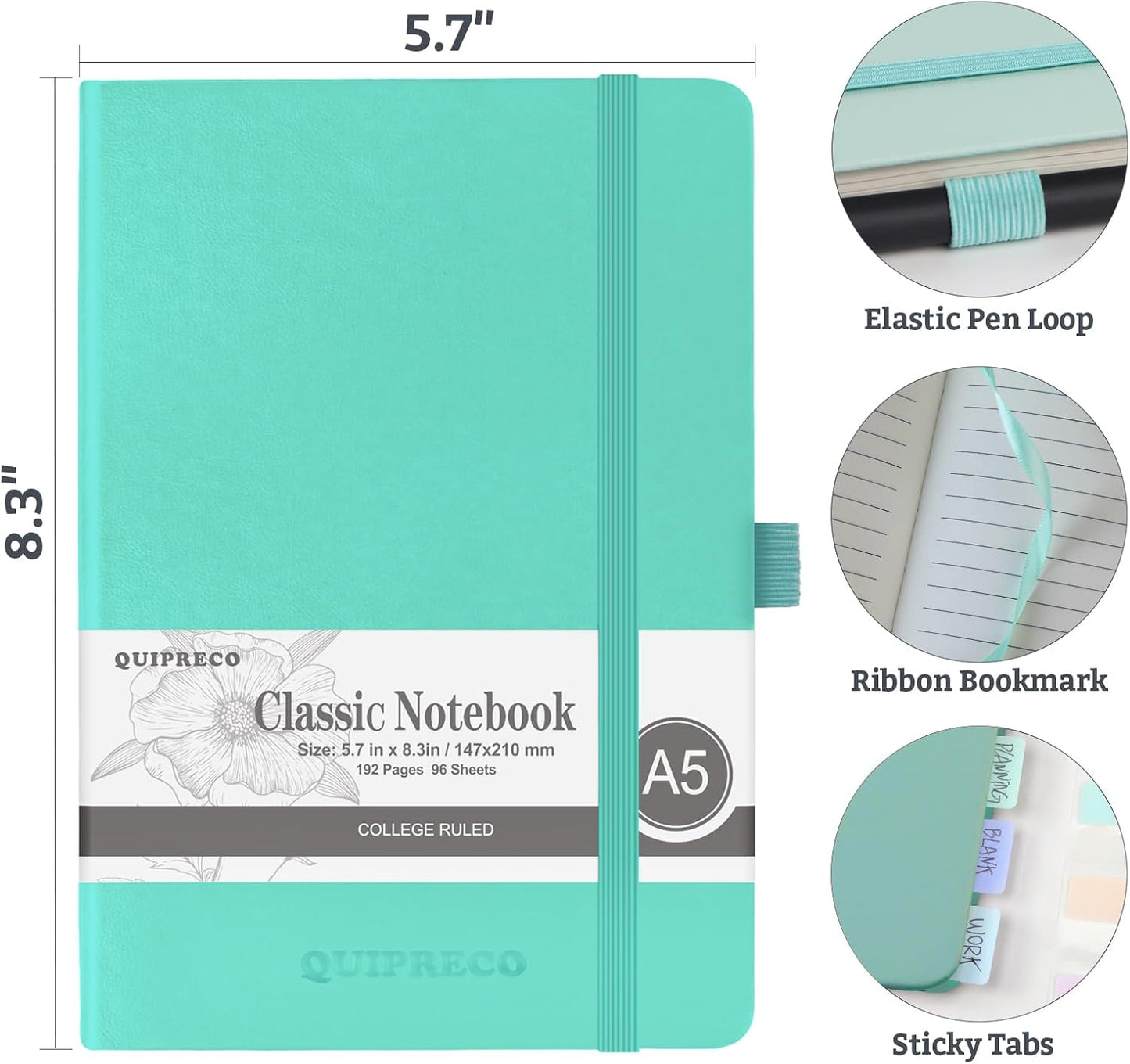 2Pack Lined Hardcover Journal Notebook, A5 192 Pages 100Gsm Thick Paper College Ruled for School,Note Taking,Work,Diary，5.7"*8.3",Light Green