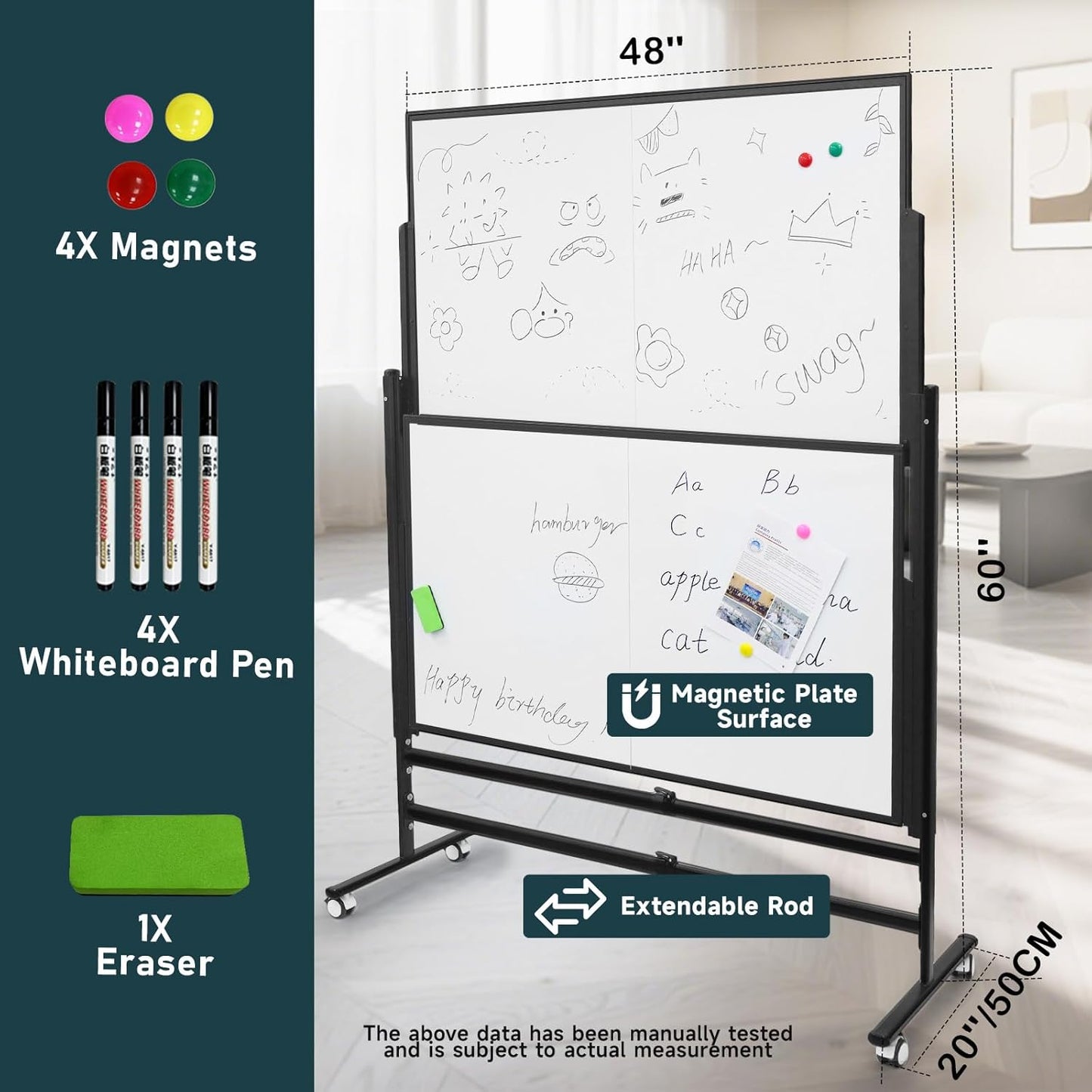 60x48 Inch Large Rolling Dry Erase Whiteboard | Height Adjustable Standing Easel with Wheels | Magnetic Double-Sided Board for Office, Home & Classroom | Teaching Supplies
