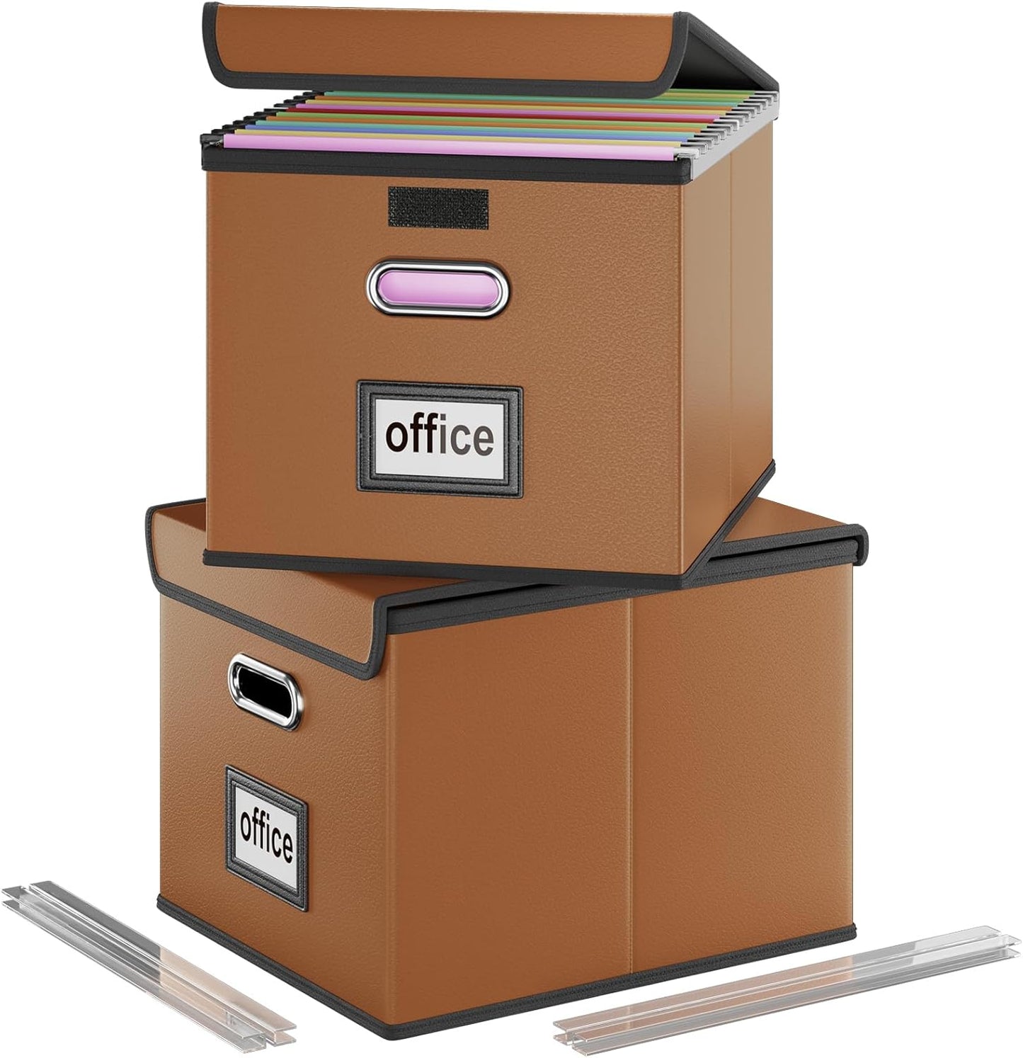 Huolewa File Organizer Boxes with Lids, Collapsible Faux Leather Hanging File Folder Box Organizer with Plastic Slide, Decorative Home/Office Filing System Boxes for File and Folders Storage