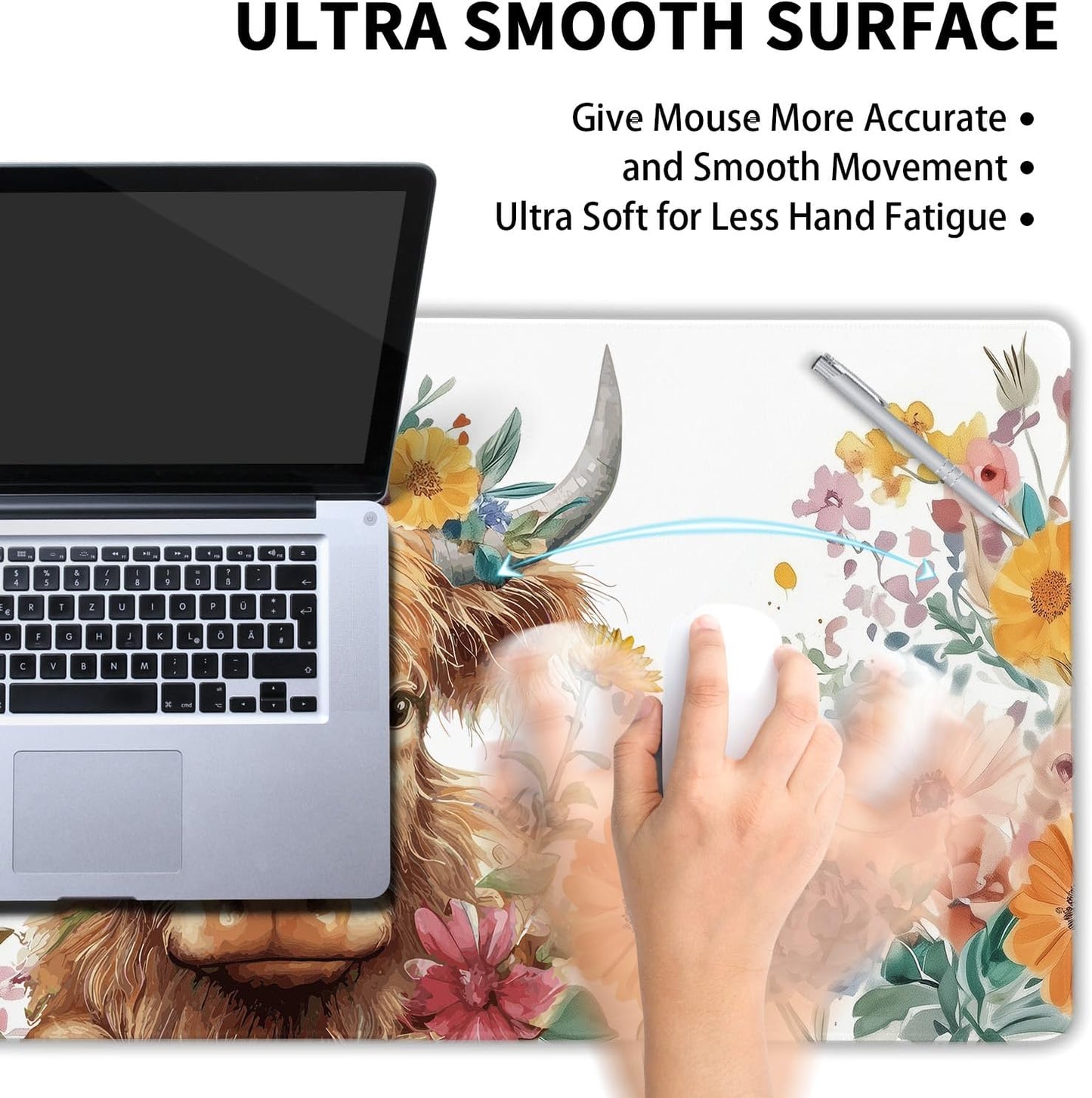 Aesthetic Highland Cow Gaming Mouse Pad XXL Cow Print Blue Orange Floral Extended Large Mat Mousepad Desk Pad Non-Slip Rubber Base Stitched Edge Flower Keyboard Pad Playmat for Computer,35.4×15.7 in