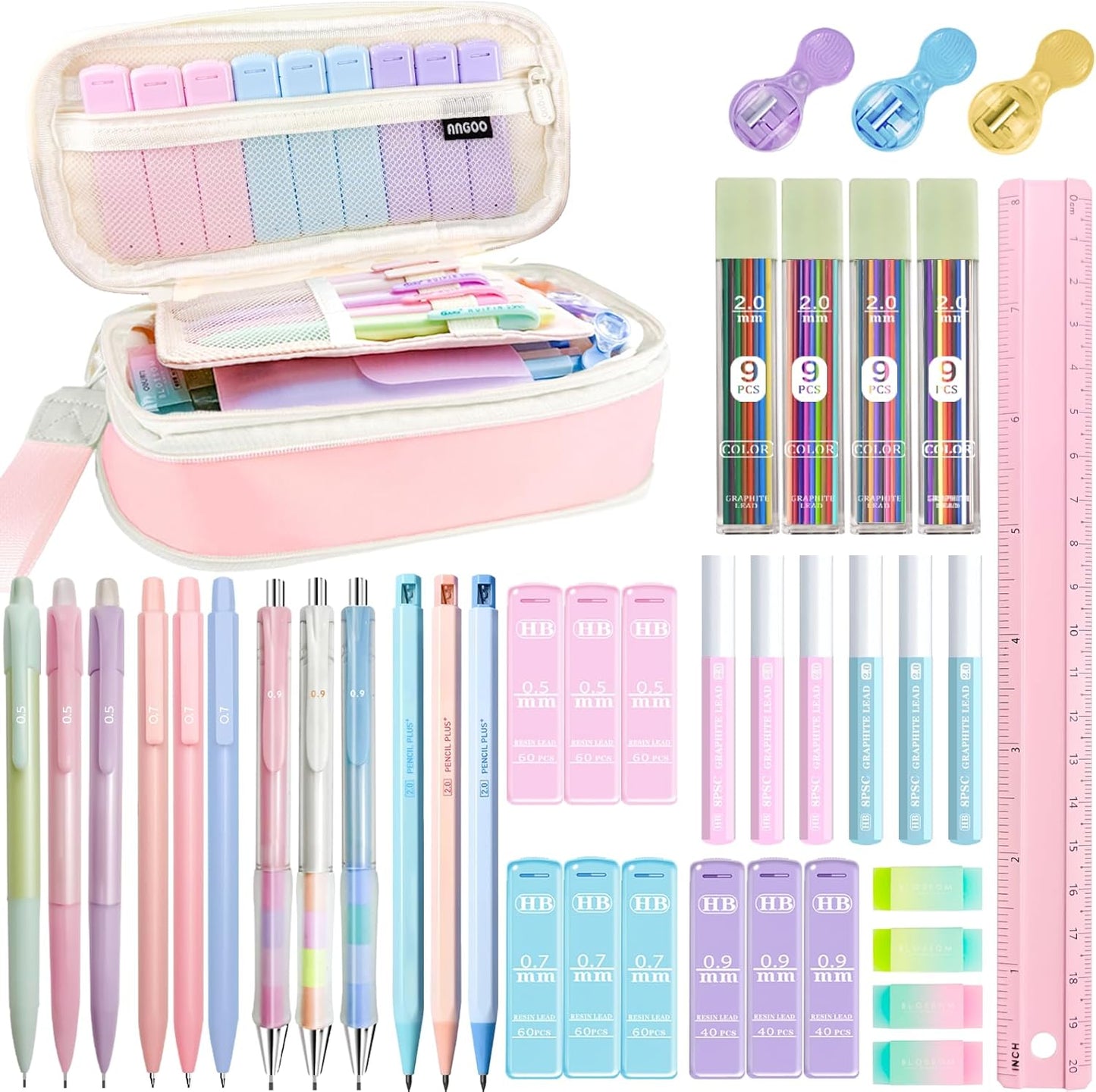 42PCS Mechanical Pencil Set with Cute Pencil Case，12X Pastel Mechanical Pencil 0.5mm, 0.7mm, 0.9mm & 2.0mm with 564X HB Leads Student Stationary Set for Writing Drawing Ideal Study Essentials (Pink)