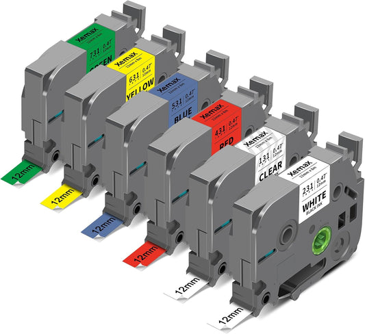 6-Pack Tze 12mm 0.47" Laminated Multi-Color Tz Tape Compatible with Brother P Touch Colored Label Tape Tze 131 231 431 531 631 731 Work for PTouch PT-H110 PT-D210 D220 D400 1290 Label Makers