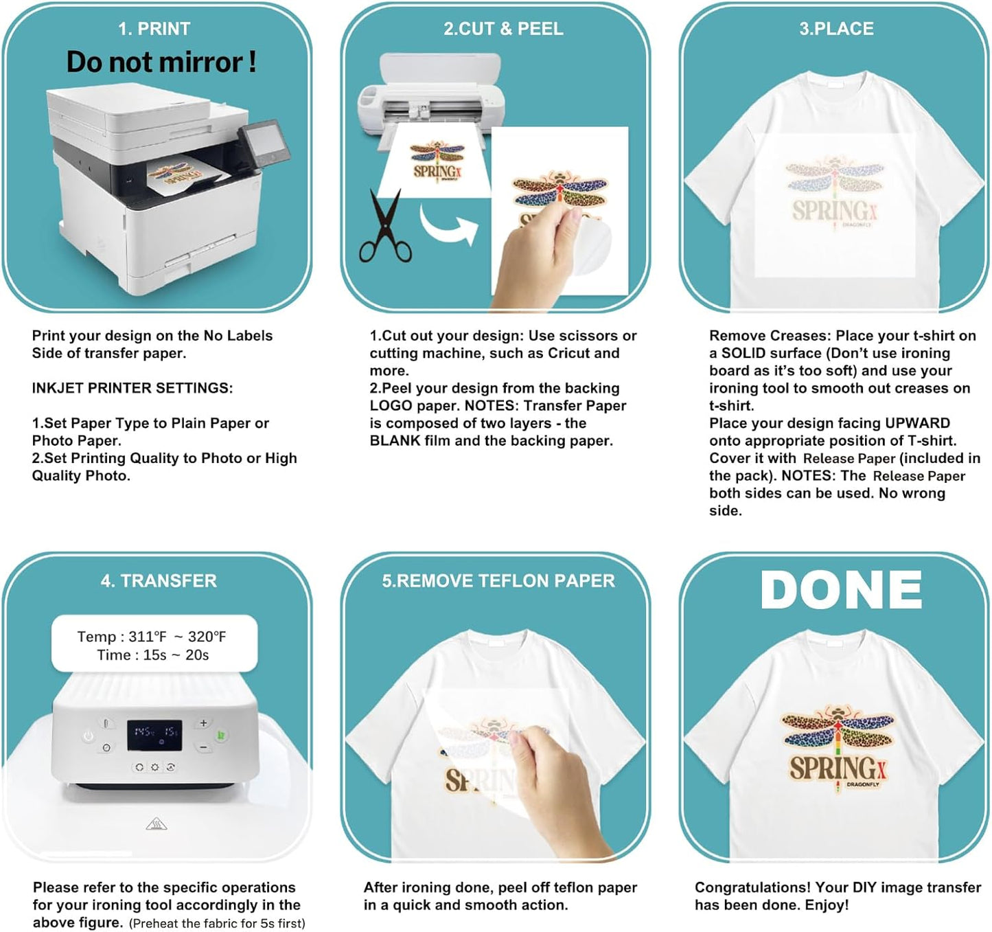 Iron on Heat Transfer Paper for T Shirts (8.5x11'', 20 Sheets) Iron-on Transfers Paper for Light Fabric Printable Heat Transfer Vinyl for Inkjet Printer (light fabric, 20pcs)