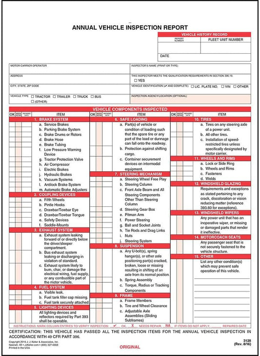 J. J. Keller 25-Pack, Annual Vehicle Inspection Report Forms, 3-Ply Carbonless Form, DOT Compliant