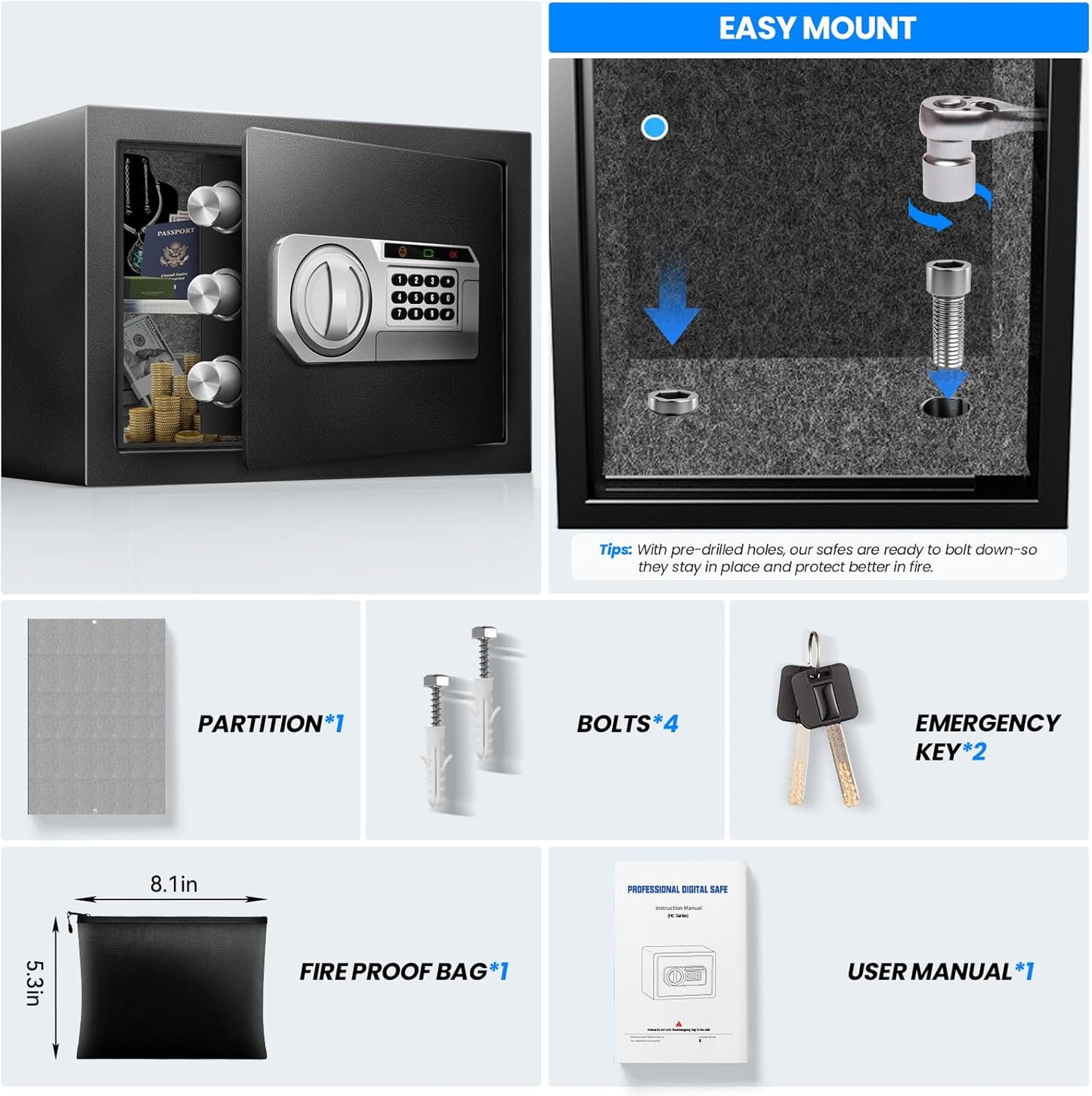 1.5 Cu Ft Home Document Safe Box–Steel Electronic Digital Lock Box with External Battery Compartment & Backup Key, Letter-Size Fit, LED Light, Fusion-Bonded Needle-Felt Lining & Fireproof Bag