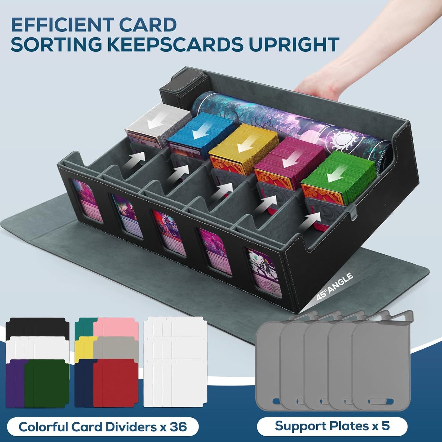 5-Row MTG Deck Box with Commander Display, Trading Card Storage Box for MTG TCG Sports Card，Card Deck Box with 1 Sieve box, 5 Toploaders, 5 Stoppers, 36 Colorful Dividers (Black & Grey)