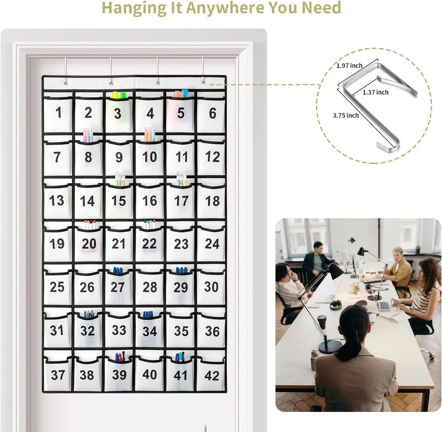 42 Pockets Numbered Classroom Pocket Chart for Cell Phones, Hanging Pocket Chart Storage for Classroom Phone Calculator Holder with 4 Hooks and 42 Clear Numbers Printing (White-42pockets)