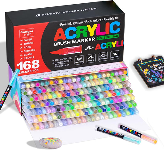 168 Color Acrylic Paint Markers, Soft Brush Tip Acrylic Paint Pens, Quick-Drying Waterproof Markers for Canvas, Rock, Wood, Stone, Glass, Ceramic, Fabric Painting