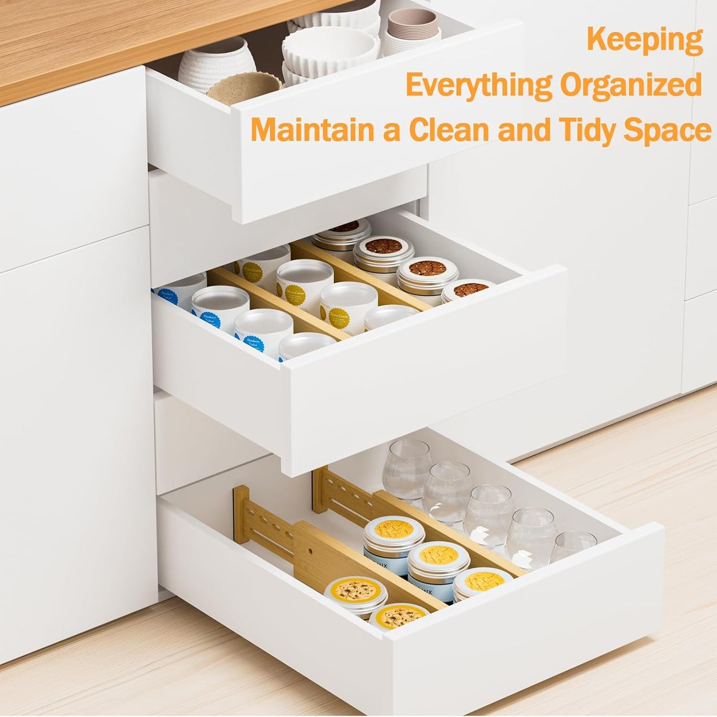 Bamboo Drawer Dividers 4" High, 16.5-22" Adjustable Drawer Organizers for Clothes,Expandable Dresser Separators in Bedroom/Kitchen/Bathroom/Office Organization and Storage,2 Pack