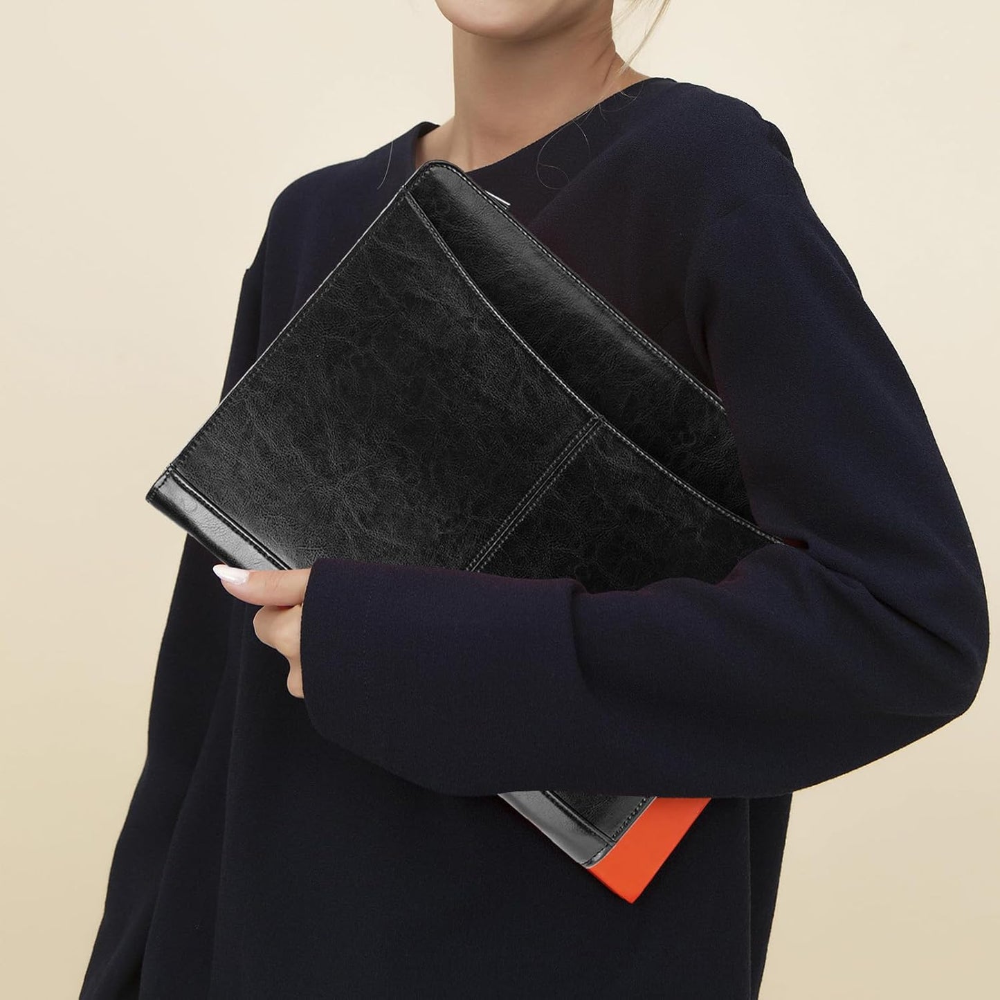 Vegan Leather Portfolio with Front Pocket for Men and Women, Zippered Padfolio Binder 8.5 x 11 Legal Pad Notebook Holder, Fits 13” Laptop, Professional Work File Case, Black