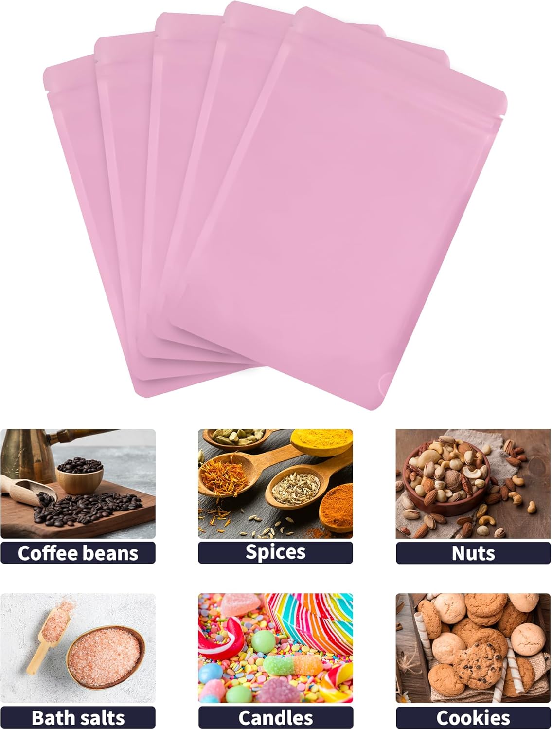 100 Pack Resealable Stand Up Bags, 4.7" x 7.9" Smell Proof Pouch Sealable Foil Pouch Bags for Packaging (Pink)
