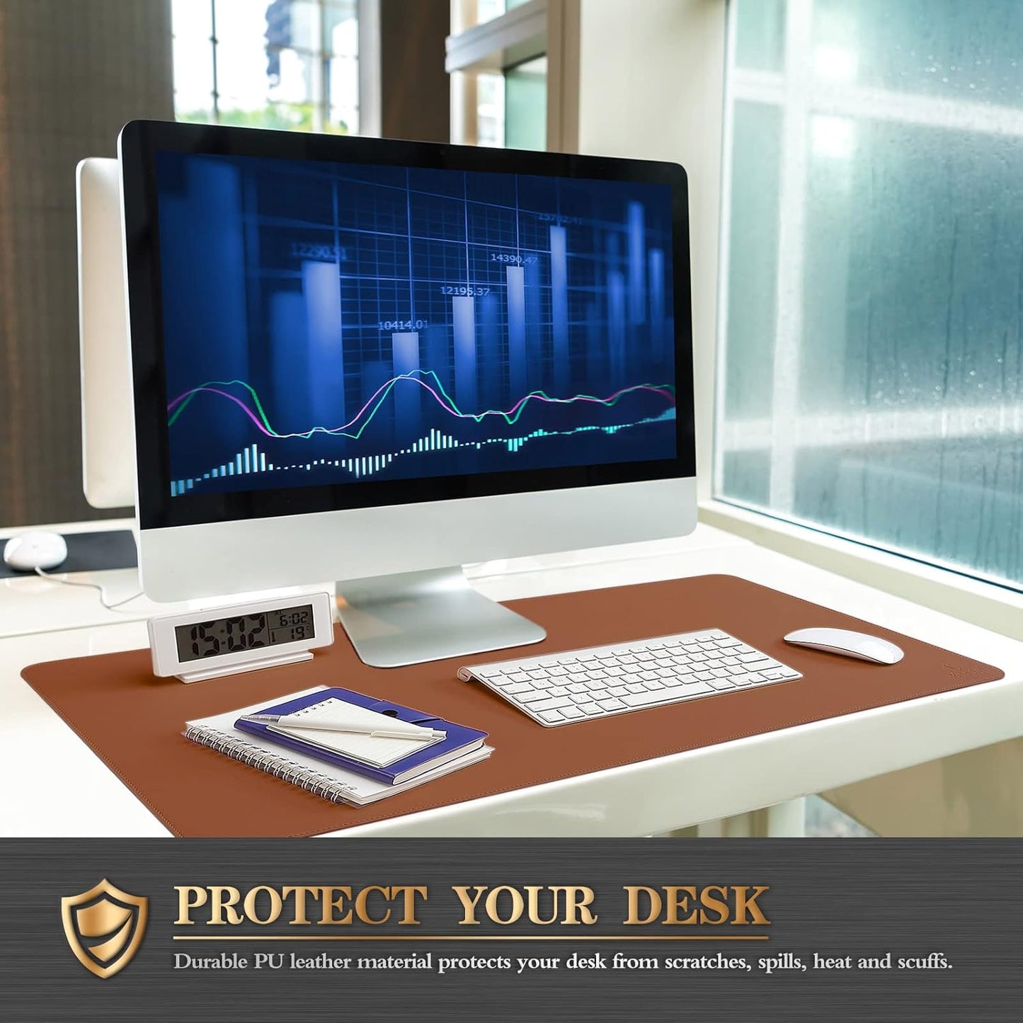 K KNODEL Desk Mat, Blotter, Dual-Sided Office Desk Pad, Waterproof Desk Mat for Desktop, Desk Blotters, PVC Leather Pad Protector (Brown, 23.6" x 13.8")