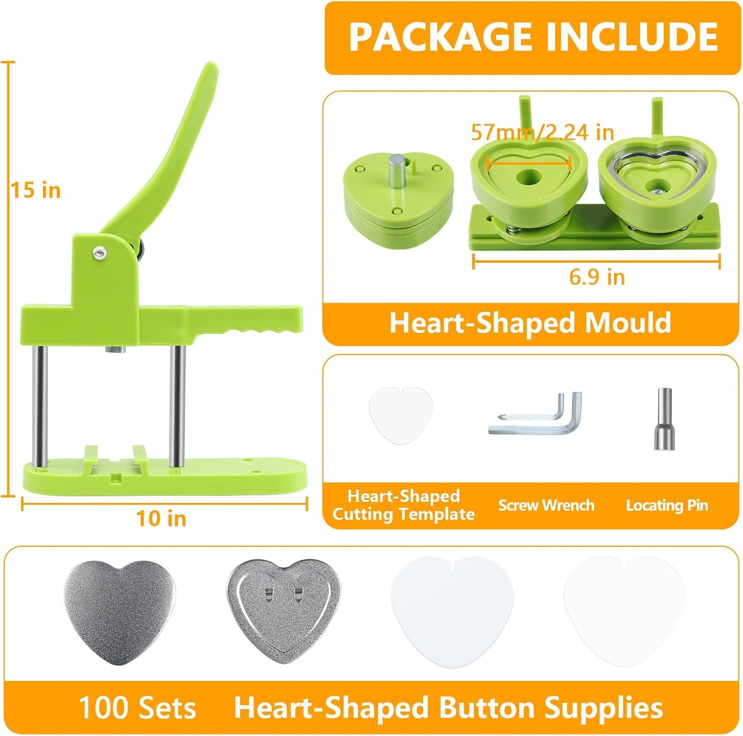 Heart Button Maker Machine Replaceable Badge-Model, DIY Button Pin Maker Kit, Badge Press Machine with 100PCS Heart Badge Making Supplies & Circle Cutter