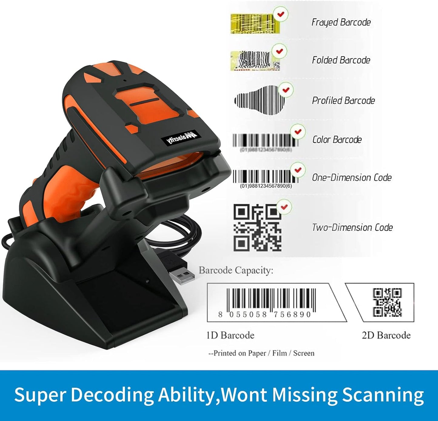 Alacrity 2D Industrial Wireless Barcode Scanner with Charging Stand, Bluetooth Drop Resistant, 1968 Feet Transmission Distance 433Mhz QR 1D Bar Code Reader