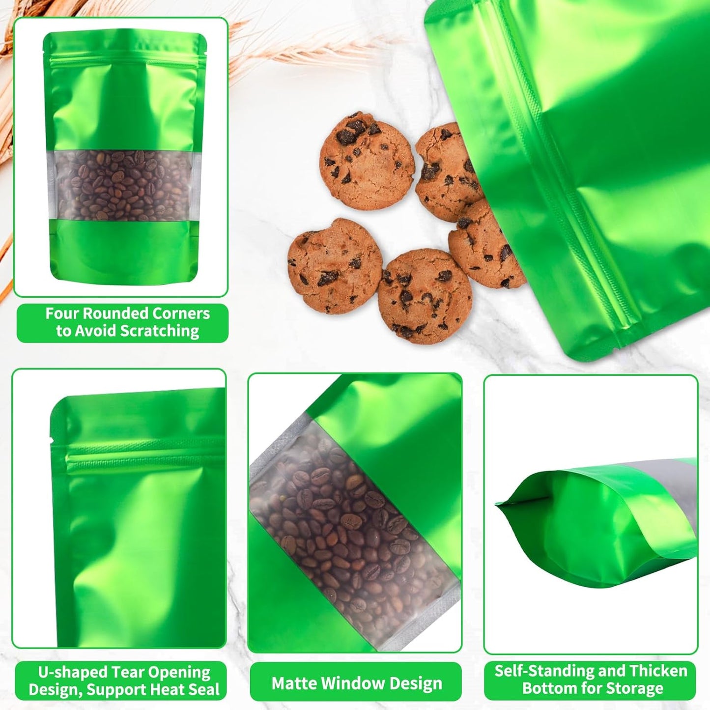 100 Pack Smell Proof Bags, Resealable Green Mylar Bags with Matte Window, Foil Pouch Stand Up Sealable Bags for Packaging, 6.29 × 9.44 Inch