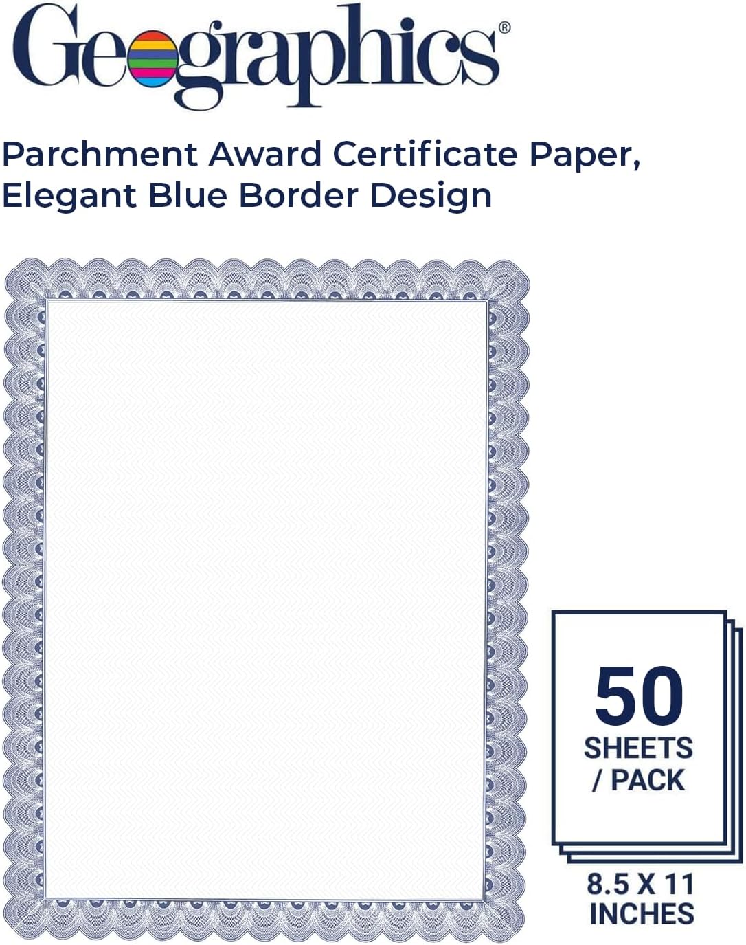 Blank Parchment Award Certificate Paper, 8.5 x 11", Elegant Blue Border Design (Pack of 50)