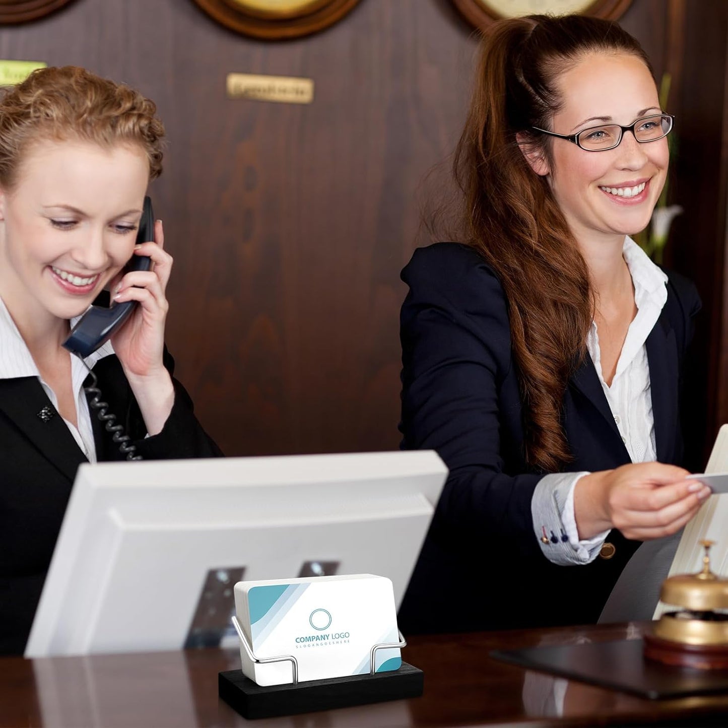 Amyhill 2 Pieces Wood Business Card Holder for Desk Wooden Business Card Display Stand Postcard Holder for Office Home Desktop (Black, Silver)