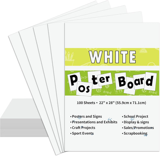 100PCS White 22"X28" Poster Board School and Craft Supplies,Super Value Poster Boards,Project Presentation Drawin