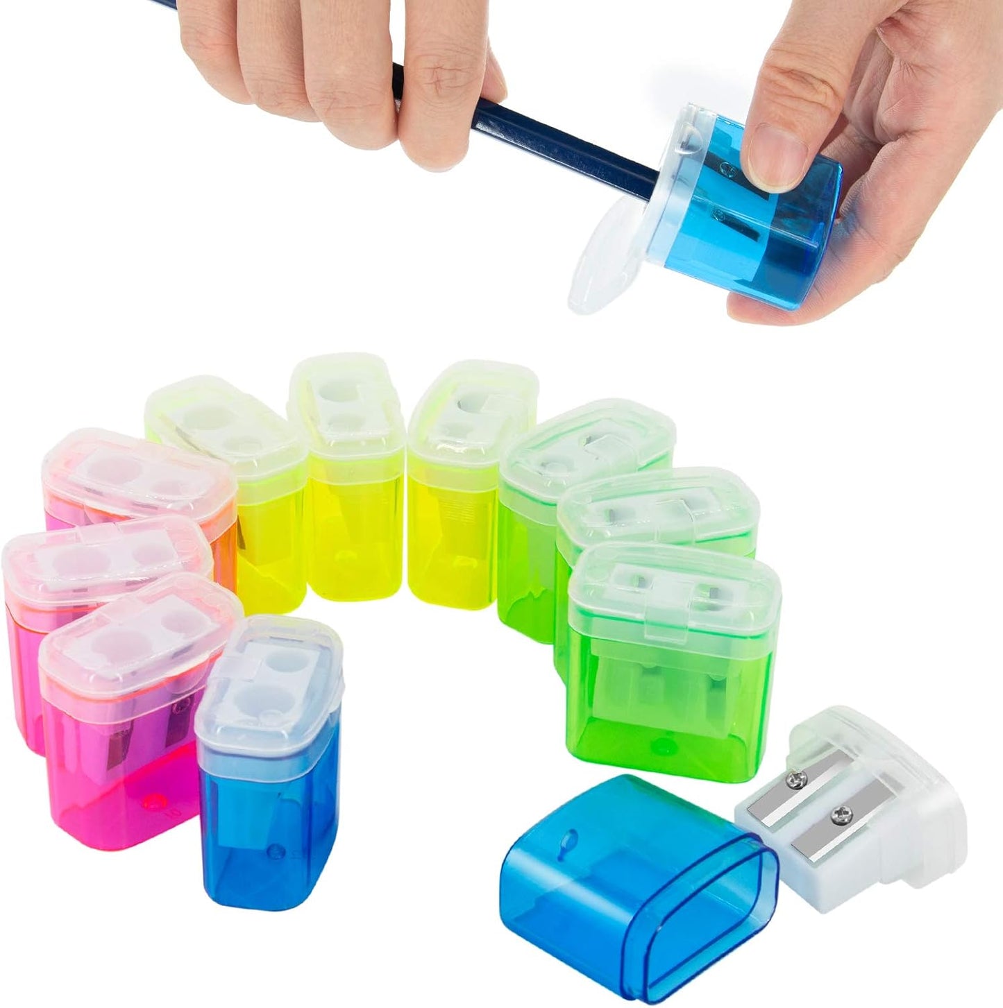 KIDMEN 12 PCS 2 Holes Small Manual Pencil Sharpener with Lid,for Kids,School