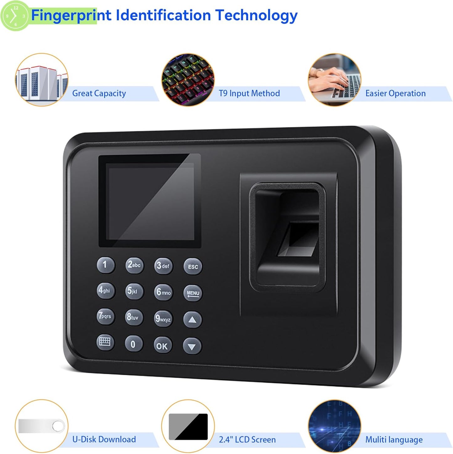 Fingerprint Time Clocks for Employees - Time Clock for Small Business Automatic Calculate Working Hours and Deduct Lunch Time, Punch and Power-off Protection with 8G USB Drive (0 Monthly Fee)
