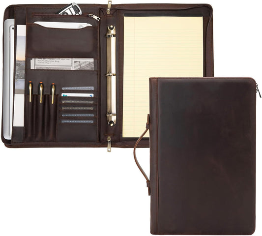 Genuine Leather 3 Ring Binder Portfolio, 8.5 x 14 Legal Size Pad Holder, Hidden Handle, Zippered Padfolio with 15” Laptop Organizer, Professional Business Folio for Men Women, Dark Brown