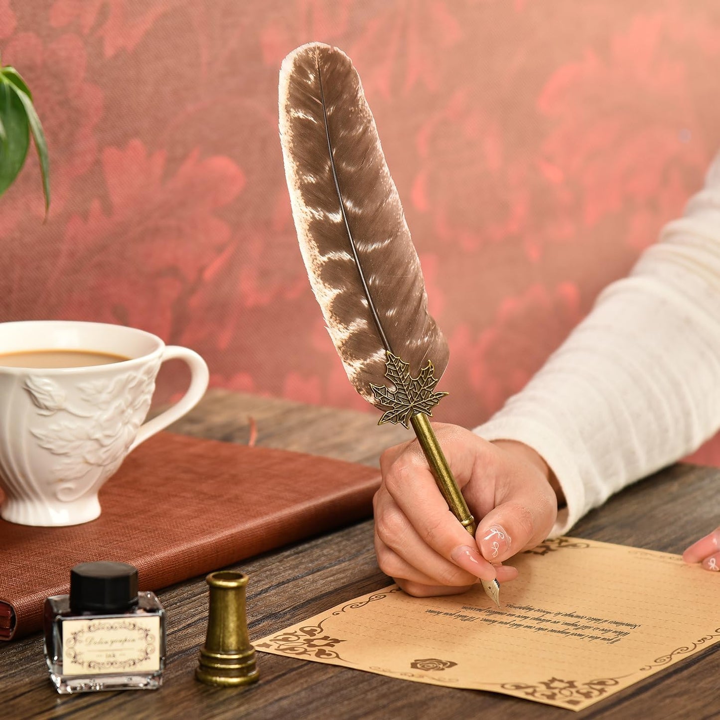 Hethrone Feather Pen and Ink Set - Calligraphy Quill Pen Set Includes Dip Pen, 5 Replacement Nibs and Pen Holder for Writing Lovers (Brown)