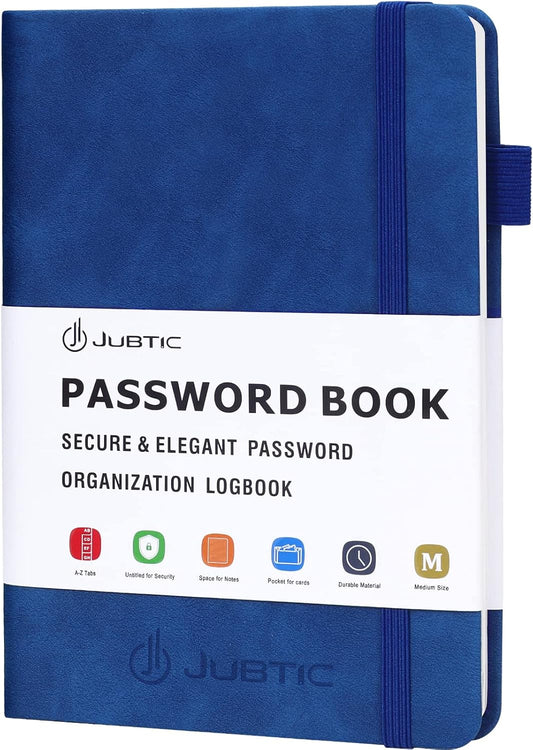 JUBTIC Password Book with Alphabetical Tabs. Medium Size Password Keeper Logbook for Internet Log in, Website Address. Hardcover Password Journal Notebook & Organizer for Home Office, Arabian Blue