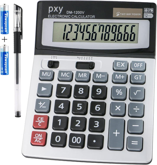Desk Calculator 12 Digit Extra Large LCD Display, Touch Comfortable with Big Buttons, PXY Two Way Power Battery and Solar Standard Function Office Calculators