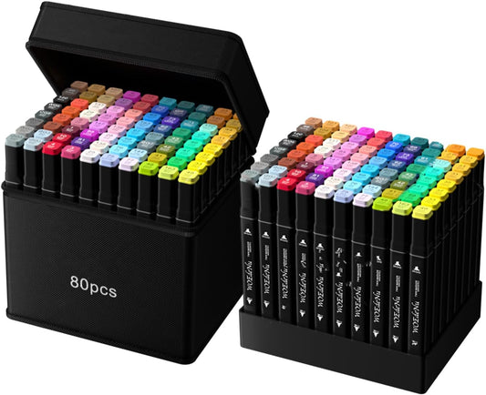 Alcohol Markers 80 Colors with Base, Dual Tip Art Markers for Adults & Kids, Fine and Broad Tips for Drawing, Coloring, Sketching, Card Making, Gift for Artists and Beginners