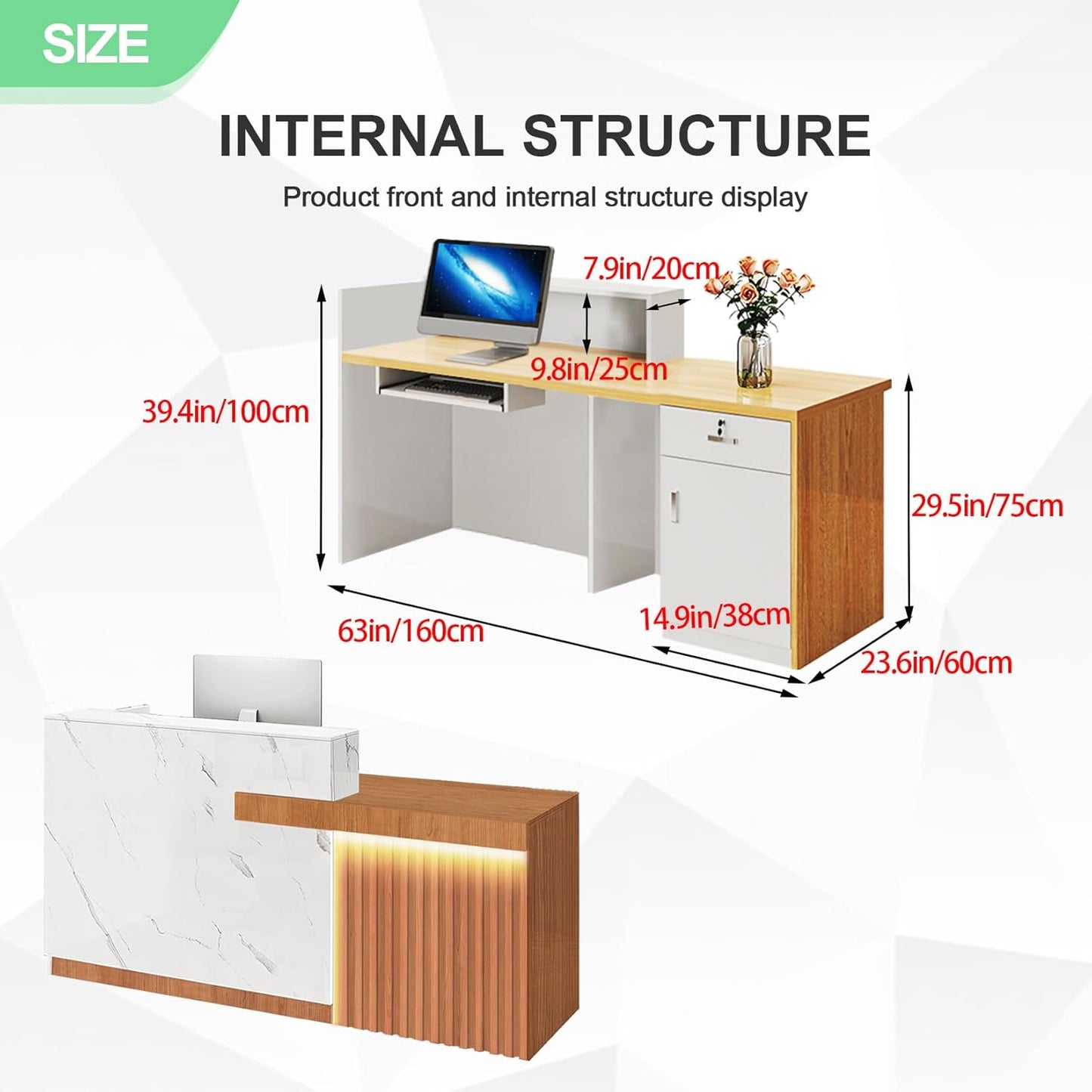 Modern Reception Desk with Counter and Drawer Office Front Desk with Cabinet Wooden Commercial Reception Table Checkout Counter for Retail Salon Lobby White and Brown Left 63inch/160cm