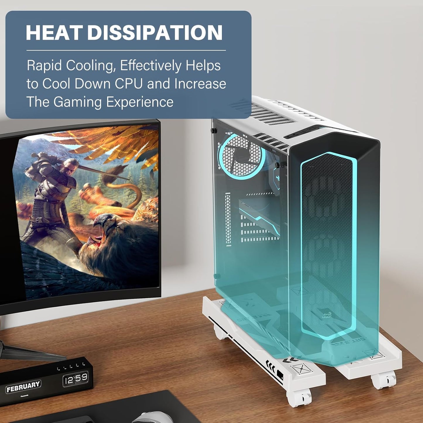 Adjustable Computer Tower Stand, Mobile PC Stand for Floor with 4 Locking Caster Wheels Fits Most PC, Under Desk CPU Holder for Office, Gamers and Students (White)