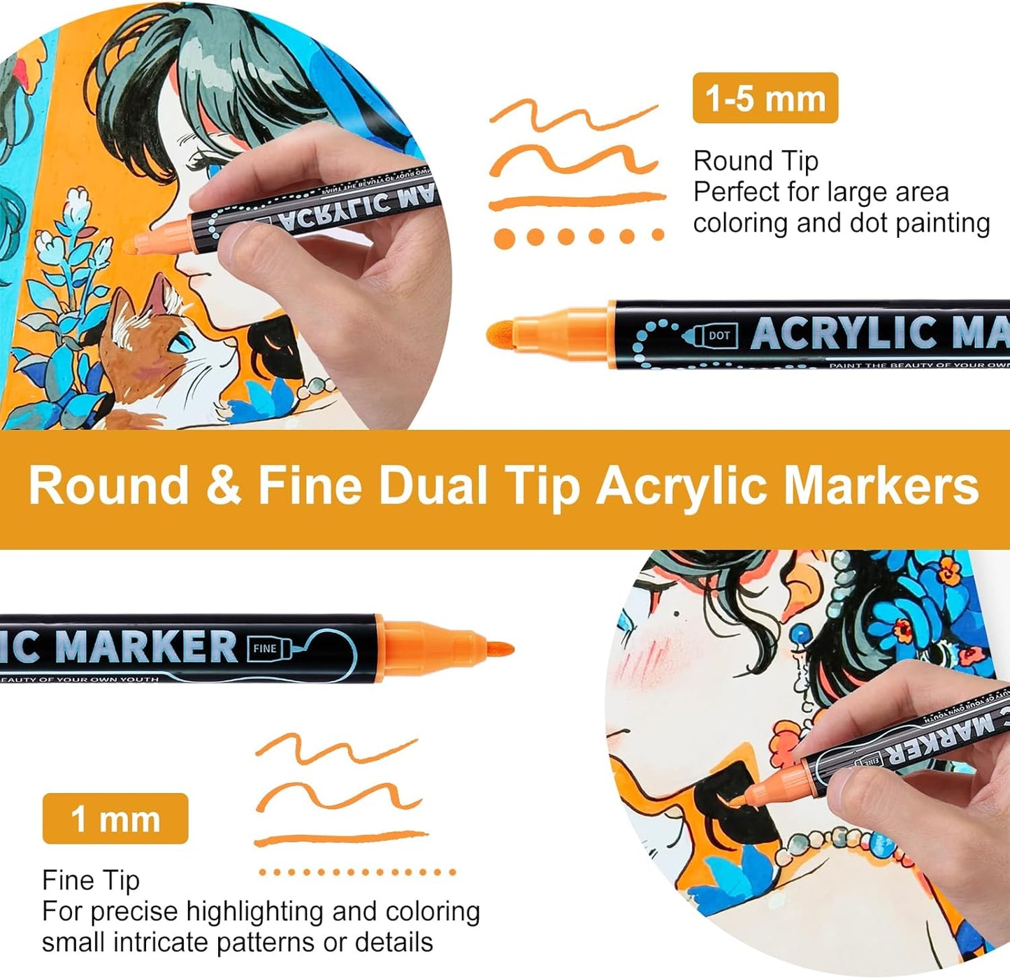 60 Colors Waterproof Dual Tip Acrylic Paint Markers, Dot & Fine Tip Premium Coloring Markers Set for Rock, Glass, Wood, Ceramic Surfaces and DIY Crafts Making Art Supplies