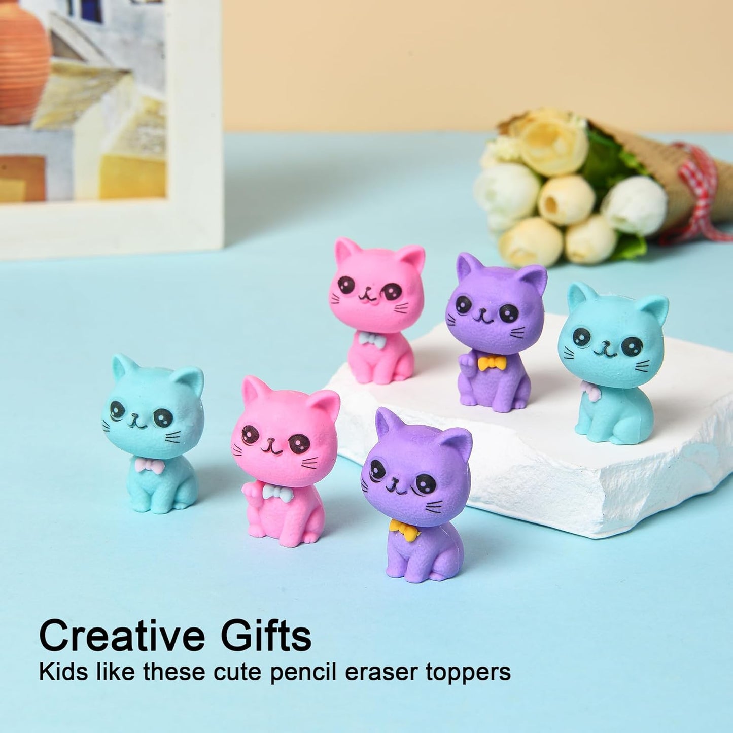 18Pcs Pencil Top Erasers for Kids, 3D Cute Cat Pencil Toppers, Bulk Fun Pencil Cap Easters for School Classroom Supplies Prize Gifts Party Favors