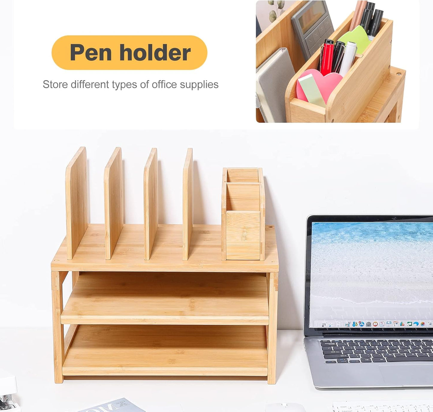 Homde Bamboo Desk Organizer with File Holder, Office Organization for Desks with Adjustable Pen Holding, Desktop Letter Paper Tray Storage for Workplace Home School (3-Tier,Natural)