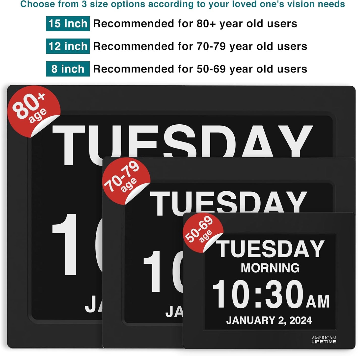 American Lifetime Dementia Clock 2025 Large Digital Display for Seniors with Day and Date, Alzheimer’s Calendar with Custom Alarms, 12-Inch Screen, Black