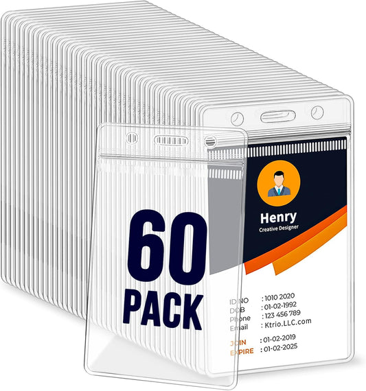 60 Pack Badge Holder, Plastic ID Badge Holder, Clear Waterproof ID Card Holder with Resealable Zip, 2.5" x 3.8" Vertical Name Tag Holder for Nurses and Office, Fits ID Card/Credit Card/Student Card