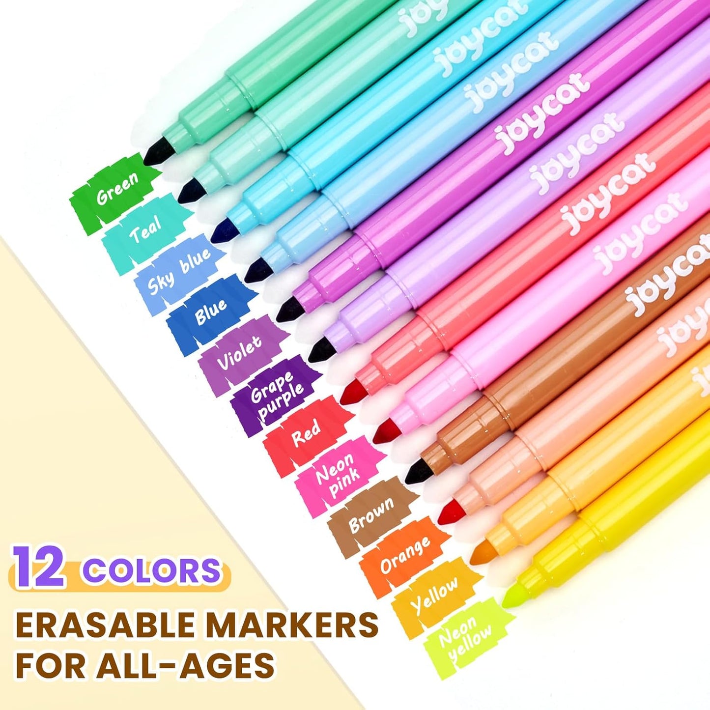 12-Pack Dual Conical Tip Erasable Markers, Water-Based Art Pens - Vibrant Color-Coded Barrels, Anti-Roll Caps, Smooth No Bleed Ink, Ideal Color Changing Magic Pen & Highlighters for Kids & Artists