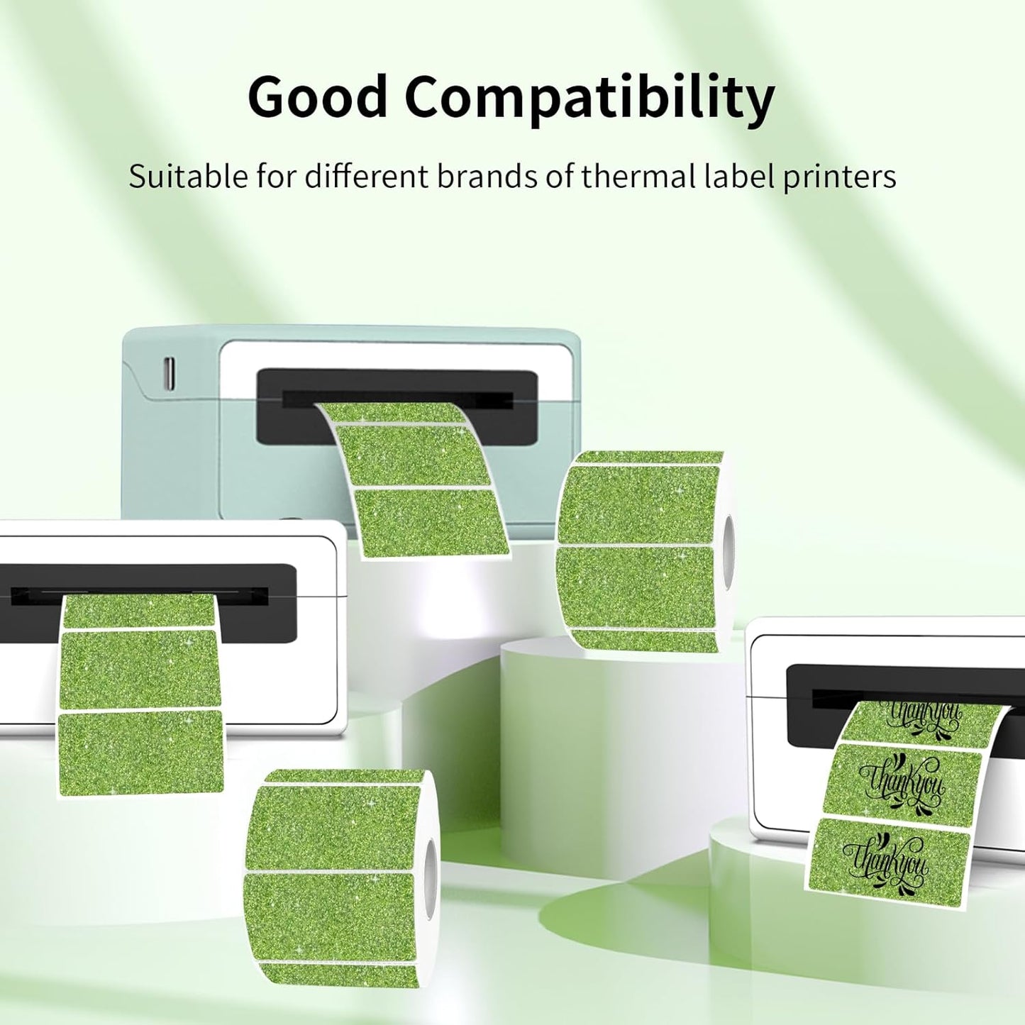 2"x1" Holographic Thermal Labels Stickers, Glitter Direct Thermal Printer Labels, Waterproof Self-Adhesive Address Shipping Label Stickers, 300 Sheet/ 1 Roll, Holographic Shiny Green