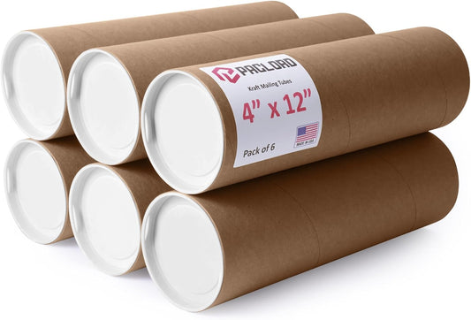 4" x 12" Reinforced Kraft Paper Mailing Tubes, Pack of 6 Tubes with 2 Caps Each – USPS Approved Poster Tube – Made in USA Cardboard Tube for Shipping and Storing Posters, Prints, Artwork, or Documents