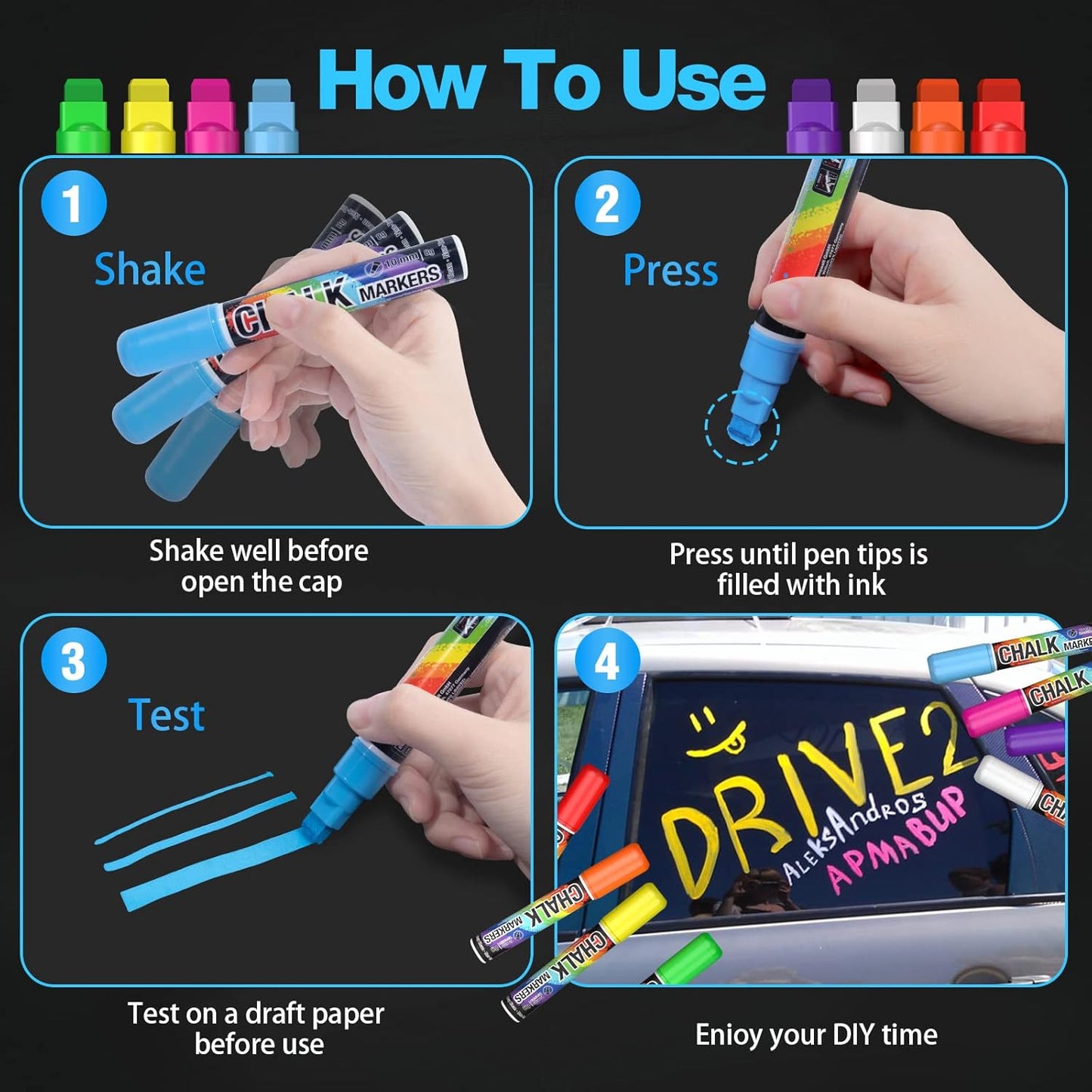 KERIFI Window Chalk Markers for Cars Washable: 10mm Jumbo Liquid Chalk Pens, Wet Erase for Auto Bistro Blackboard Glass Mirror Poster Windows Art Wedding Signs, Just Married Car Decorations (8 Colors)
